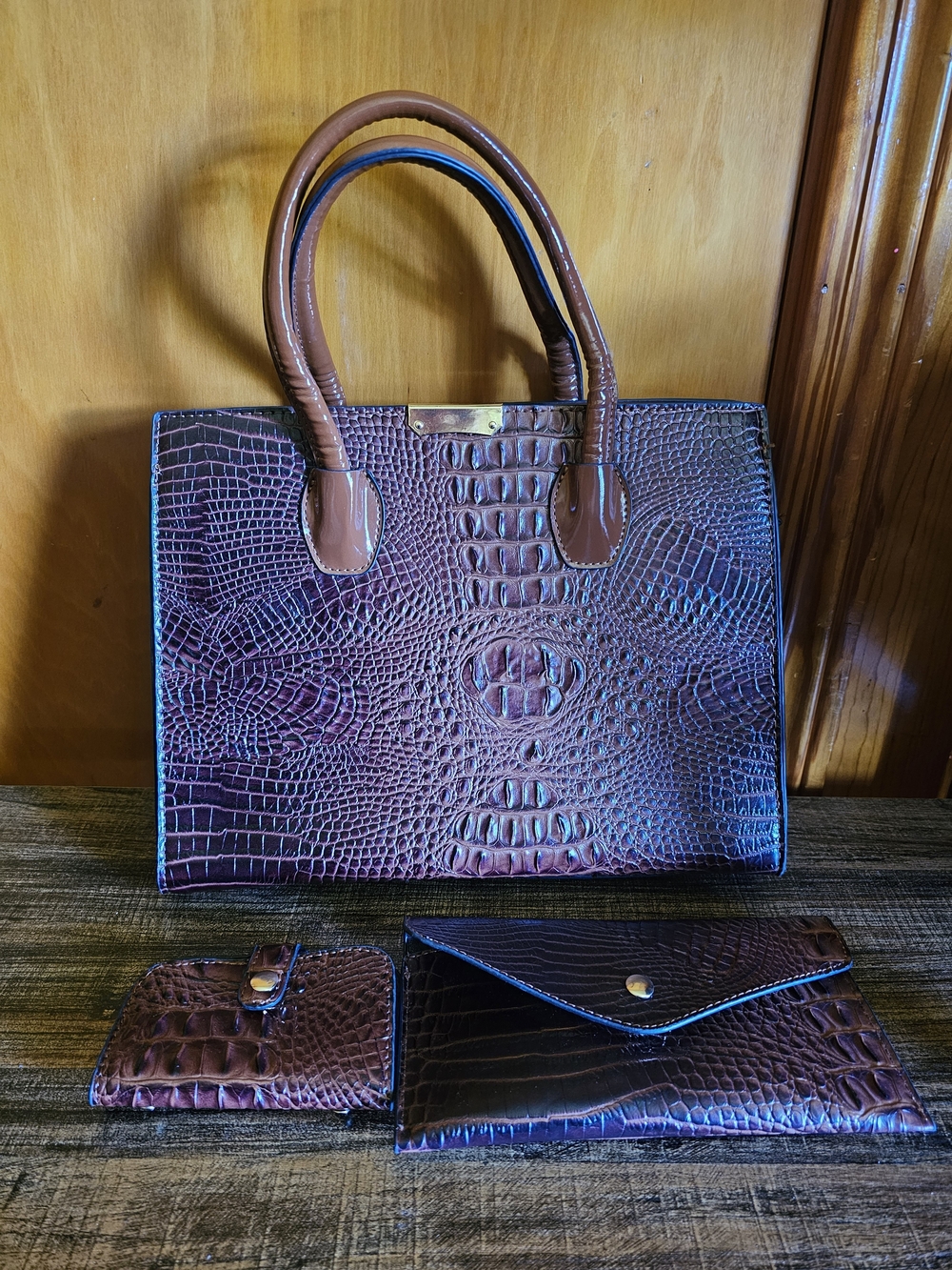 Croc-Embossed Brown Satchel with Matching Wallets